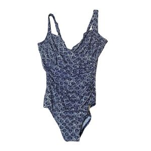 Miraclesuit Blue Shell Print One Piece Swimsuit Size 10 Tummy Control Coastal